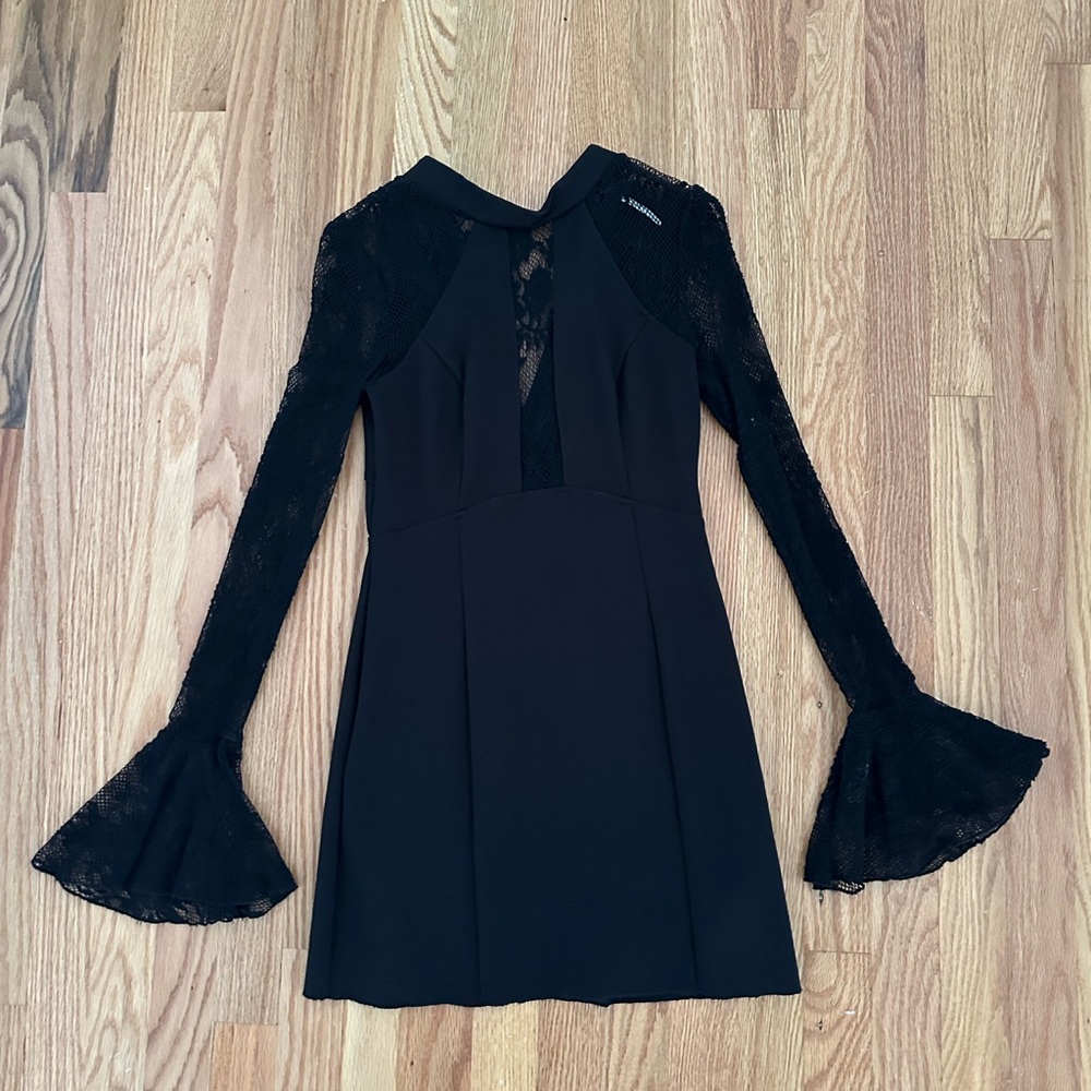 Free People Black mini dress with lace sleeves & mesh panels